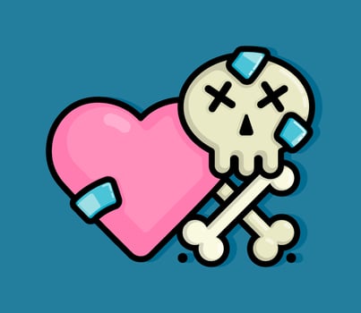 cartoon line style illustration of wounded heart patched with bandages and a skull forming a cross to simulate a toxic and dangerous relationship. Clip art can be used for t shirt, clothing, print vector