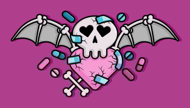 cartoon line style illustration of cracked heart patched with bandages and a bat winged skull covered in drugs are symbols of addictive toxic love. Clip art can be used for t shirt, clothing, print vector