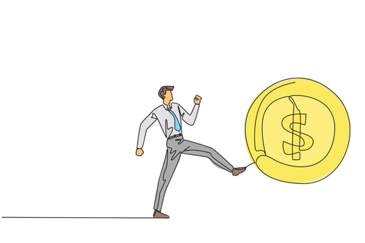 Single one line drawing businessman kicking a big coin with a dollar symbol. Throwing away an opportunity to get a chance. Indifferent to small profits. Continuous line design graphic illustration vector
