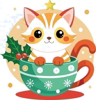 Cat with christmas hat sitting in the cup vector