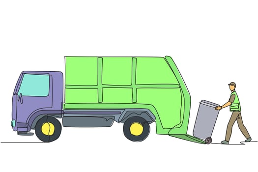 Single one line drawing trash man loads the trash can into the trash truck. Garbage trucks will drive around to pick up trash elsewhere. Environmental care. Continuous line design graphic illustration vector