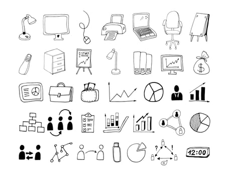 Hand drawn doodle set of business process and work office elements. vector
