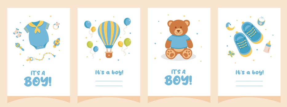 Baby shower set of cards, posters, invitations. It's a boy. Template for party invitations, posters, greeting cards, social media. vector
