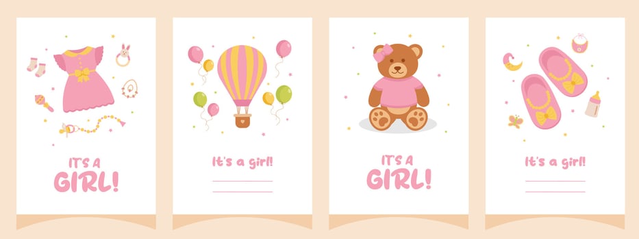 Baby shower set of cards, posters, invitations. It's a girl. Template for party invitations, posters, greeting cards, social media. vector