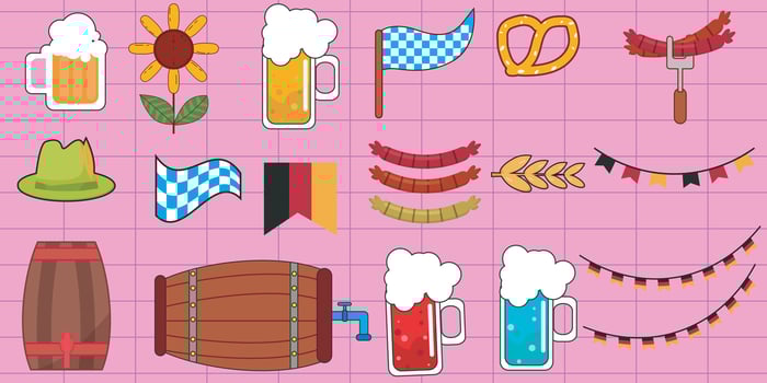 Oktoberfest beer festival collection. Beer glass, flag, beer, wheat, hop cone, barrel. illustration for October celebrations in Germany vector