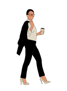 An illustration of a woman walking with a coffee cup vector