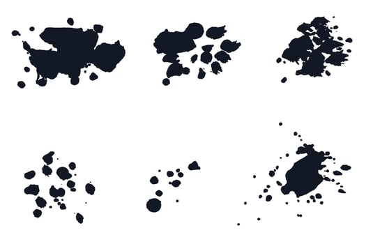 Black ink blots with drops. Splatter collection. Liquid grunge splashes. Each isolated on white background vector