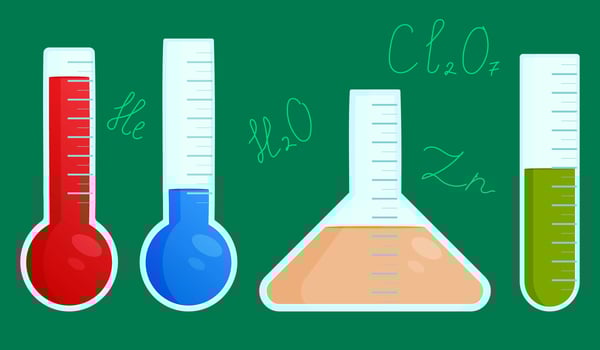 Colorful illustration of beakers and test tubes with chemical symbols. Perfect for educational materials and science-themed designs. vector