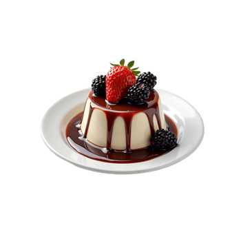 pudding with berries and chocolate sauce on a white plate png