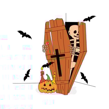 A skeleton emerges from a wooden coffin, ready for Halloween mischief vector