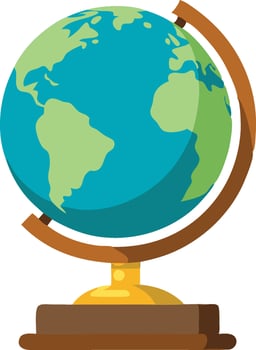 A detailed globe representation on a wooden stand illustrates the Earth's continents and oceans vector