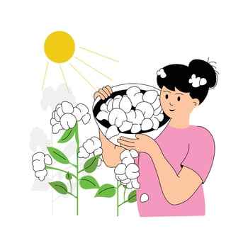 A female farmer harvesting cotton under the sun vector