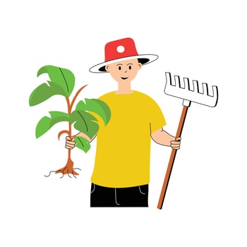 A joyful farmer holding a plant and a rake, happy farmer illustration vector
