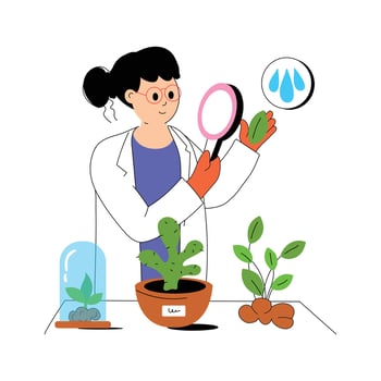 A researcher examining plant samples under a magnifying glass vector