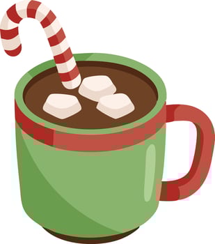 Cozy green mug filled with hot chocolate topped with marshmallows and a peppermint stick vector