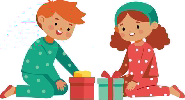 Two children joyfully unwrapping colorful gifts together in cozy pajamas vector