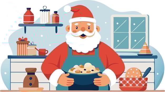 Santa Claus is in the kitchen, wearing a red suit and an apron, and holding a pot of Christmas pudding vector