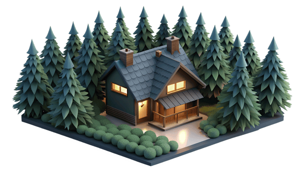 Model of a house amidst forest trees 3d rendered illustration isolated on the transparent background png