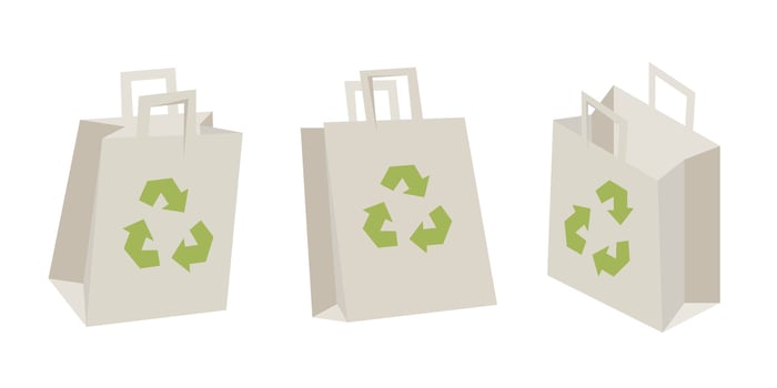 Paper shopping bag mockups. Eco package. Paper package isolated on white background with recycling symbol and shadow vector