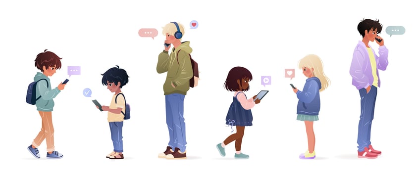 Diverse kids and teenagers of different ages and ethnicities using smartphone, surfing internet, chatting. Male and female children, teens holding gadgets. isolates illustrations on white. vector