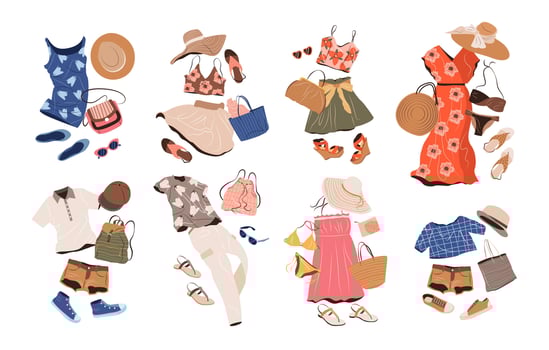 Outfits set in casual style for women. Fashion clothing, accessories, swimwear, shoes for spring, summer and vacation. isolated flat illustrations on background vector