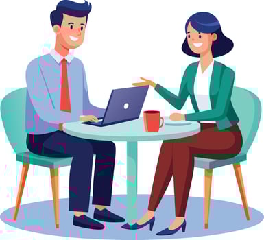 Partners meeting for business discussion with documents and laptop on desk. Couple at round table, speaking, discussing work, partnership. vector