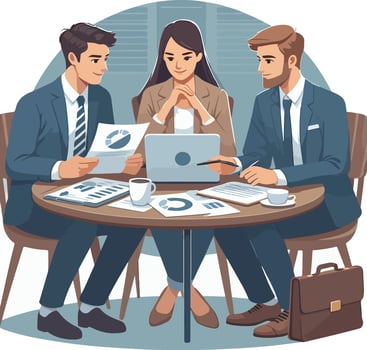 This is a Partners meeting for business discussion with documents and laptop on desk. Couple at round table, speaking, discussing work, partnership. vector