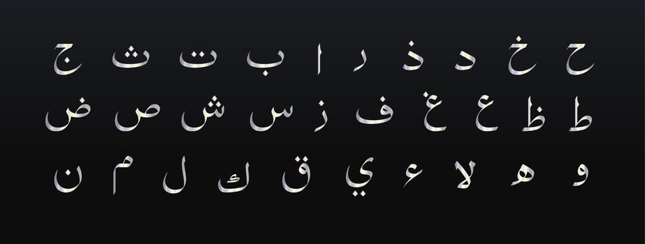 Arabic calligraphy script, naskh abjad metallic sheen letters for luxury branding, refined packaging, stylish Arabian headline, sophisticated logo. Prestige premium Islamic typography. typeset. vector