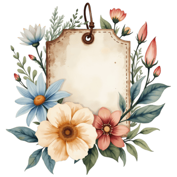 A vintage tag features a floral arrangement with various pink and white flowers and green leaves cutouts png