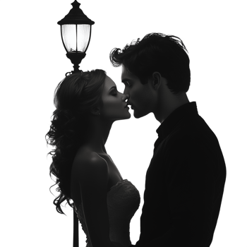 Silhouette of a couple sharing a romantic moment under a street lamp isolated on a transparent background png