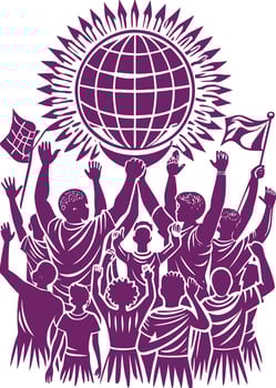 A group of people holding up a globe vector