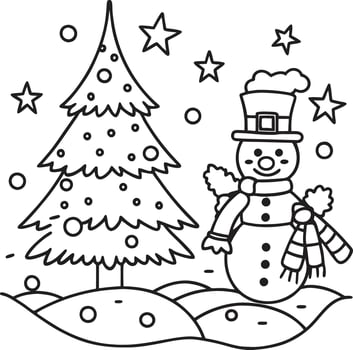 Snowman and christmas tree coloring pages vector