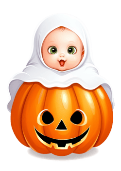 Halloween Designed Baby In A Pumpkin Or Ghost Costume Artwork Compatible With Garment, Skirts, Funny Sticker, Poster, Aprons png