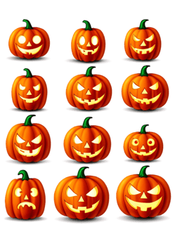Halloween Styled Jacko lantern With Various Expressions Graphic Element Ideal For Apparel, Accessories, Water Bottle Sticker, Framed Print, Throw Blanket png