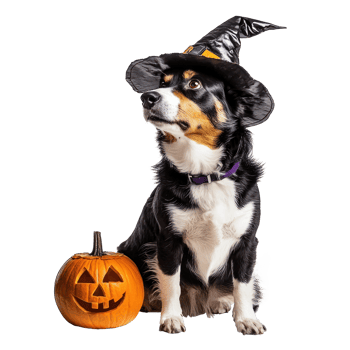 a dog wearing a witch hat and a pumpkin on a transparent background png