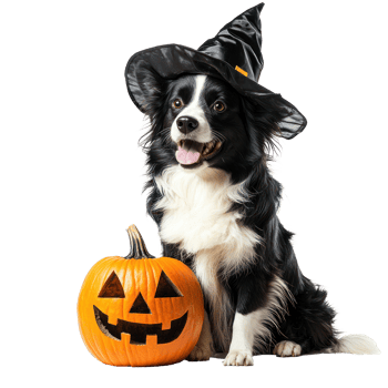 border collie dog with halloween pumpkin on transparent background png