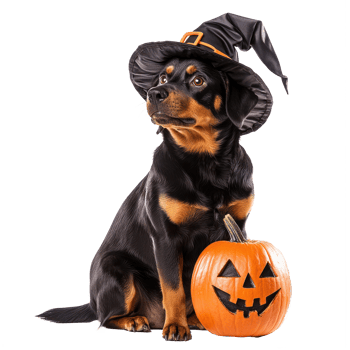 a dog wearing a witch hat and holding a pumpkin png