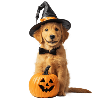 a golden retriever puppy in a witch hat and bow tie holding a pumpkin png