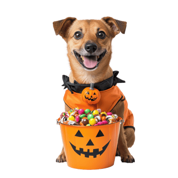 dog in halloween costume holding a bucket of candy png