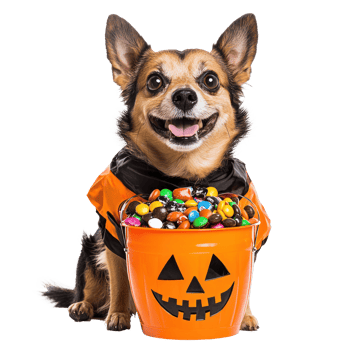 a dog in a halloween costume holding a bucket of candy png