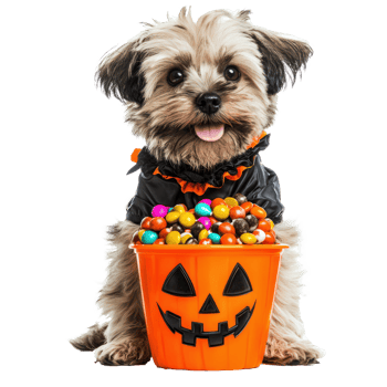 dog with halloween candy bucket on transparent background png