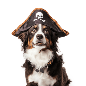 a dog wearing a pirate hat on a white background png