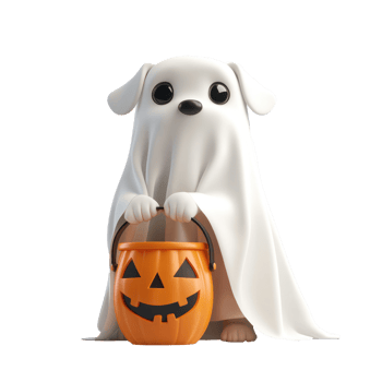a cartoon dog in a halloween costume holding a pumpkin png