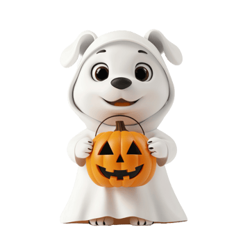 a cartoon dog in a halloween costume holding a pumpkin png