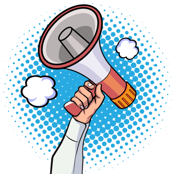 Halftone illustration of a hand holding a loudspeaker png