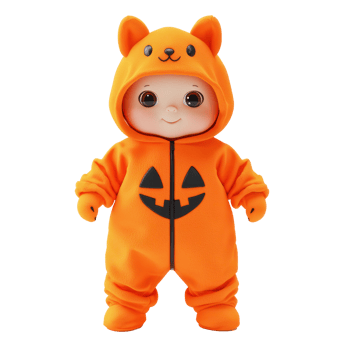 a baby doll dressed in an orange halloween costume png