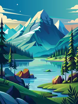 Background- Beautiful landscape with mountains, lake and forest. vector