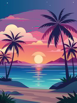 Background- The image depicts a sunset on a tropical beach. vector