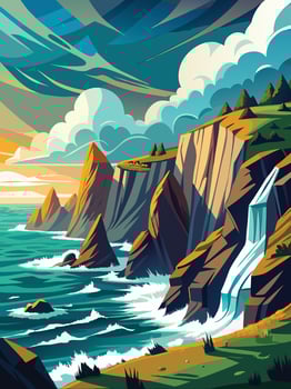 Background- Eye catchy landscape with a waterfall in the mountains. vector