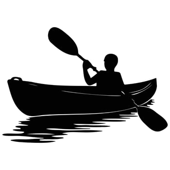 Black silhouette of a person kayaking on still water, emphasizing outdoor adventure and water sports. vector